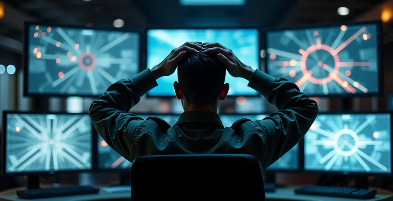 Centre de contrôle de défense aérienne avec opérateur face à de multiples signaux de drones