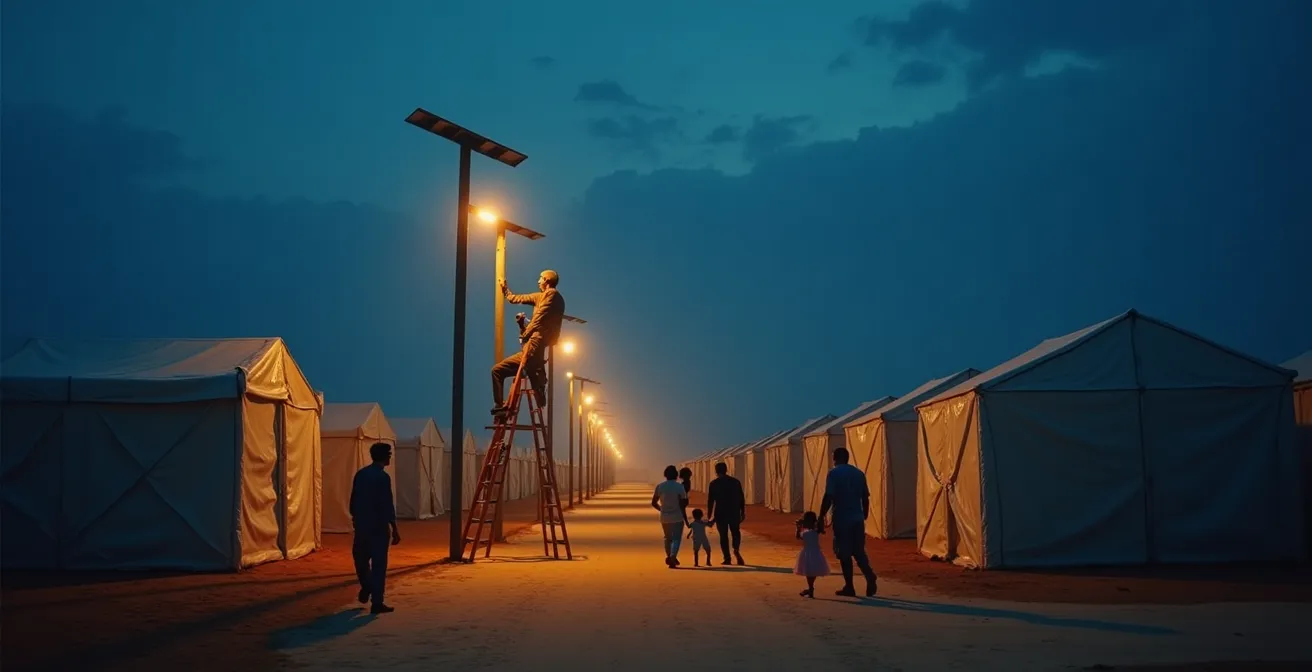 Installation de lampadaires solaires dans un camp de réfugiés au crépuscule avec des familles circulant en sécurité