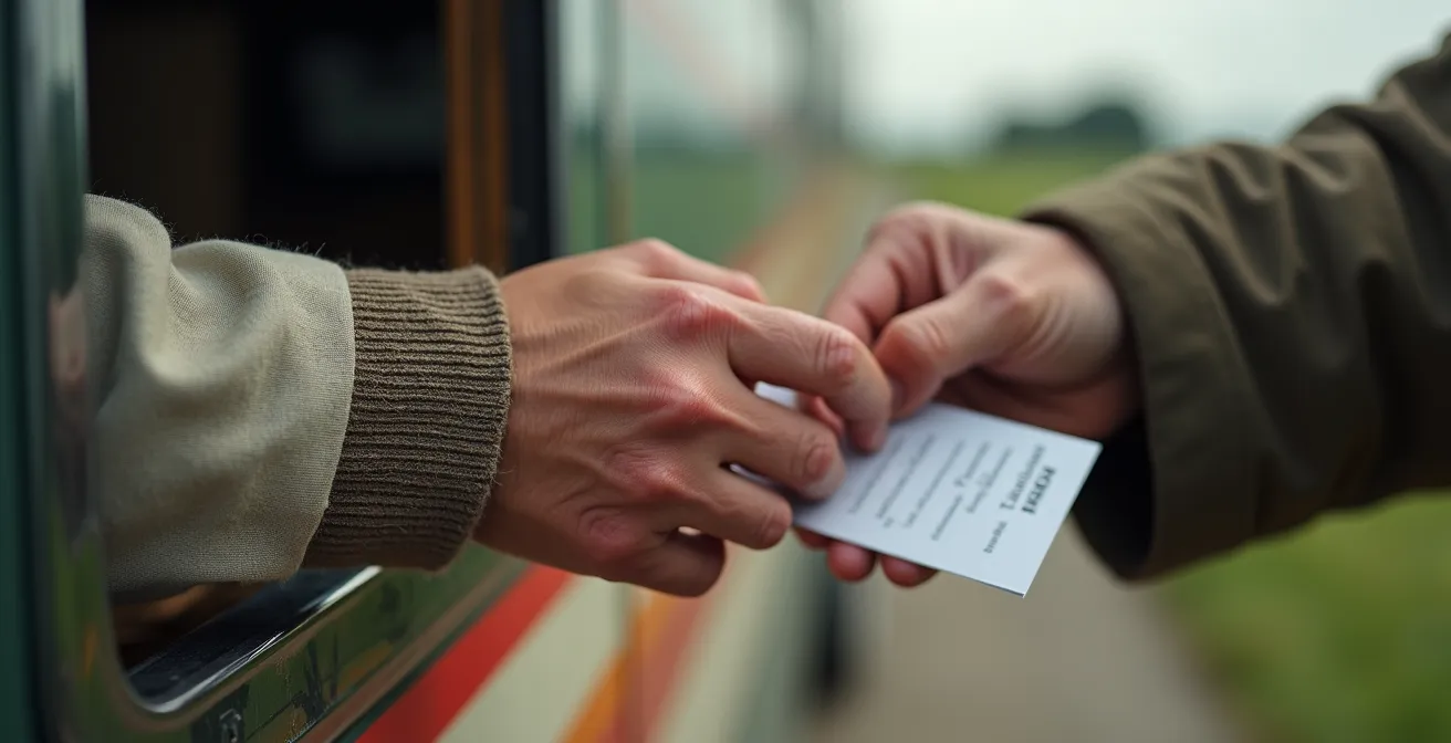Camion de services itinérants stationné sur une place de village avec habitants faisant la queue