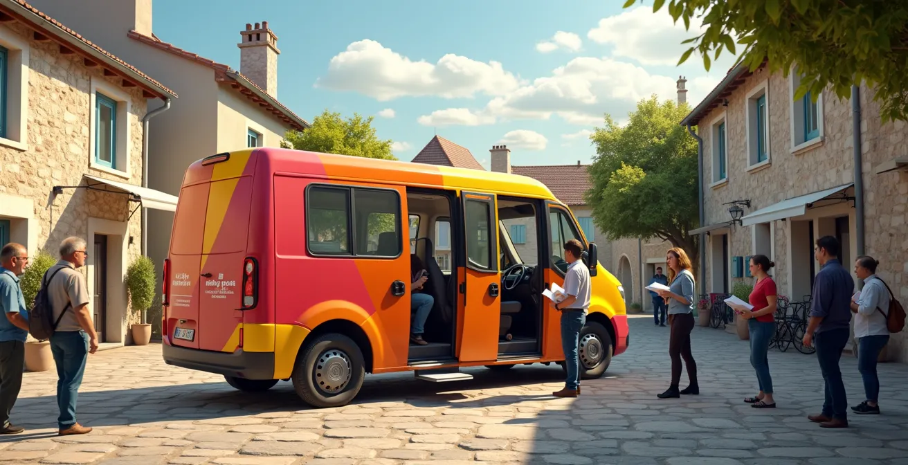 Camion-mairie mobile coloré stationné sur la place d'un petit village