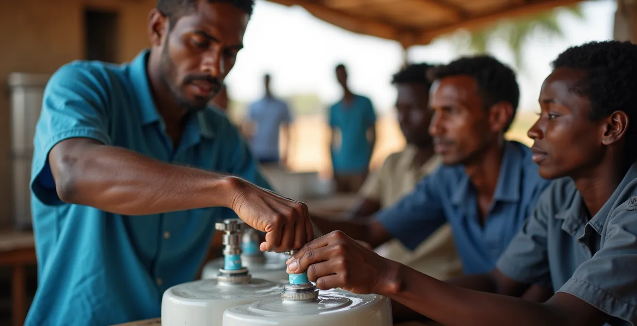 Station de potabilisation mobile avec techniciens formant du personnel local dans un camp de réfugiés