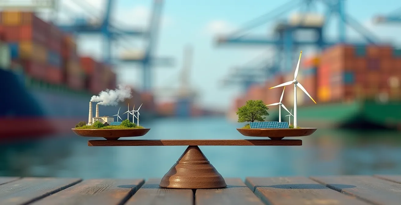 Balance symbolique équilibrant production industrielle et protection environnementale dans un contexte de commerce mondial