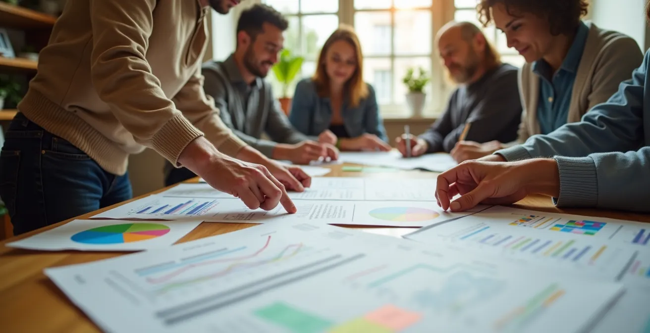 Vue en plongée d'une table de travail avec des citoyens consultant des documents de suivi de projets participatifs