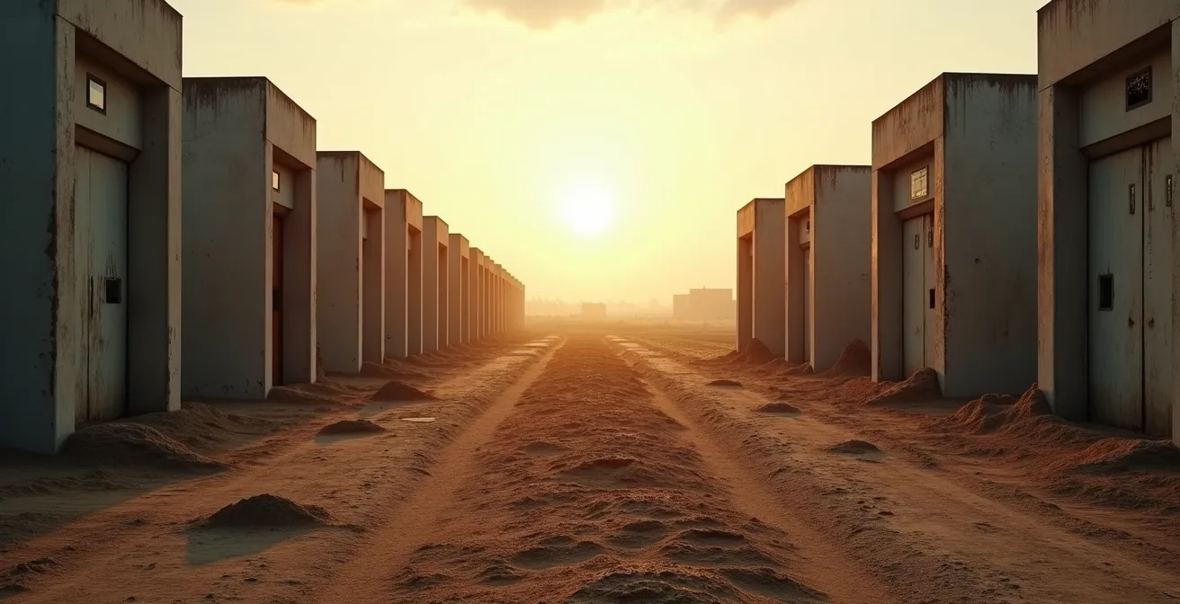 Paysage désolé avec ombres projetées évoquant l'impact des armes tactiques