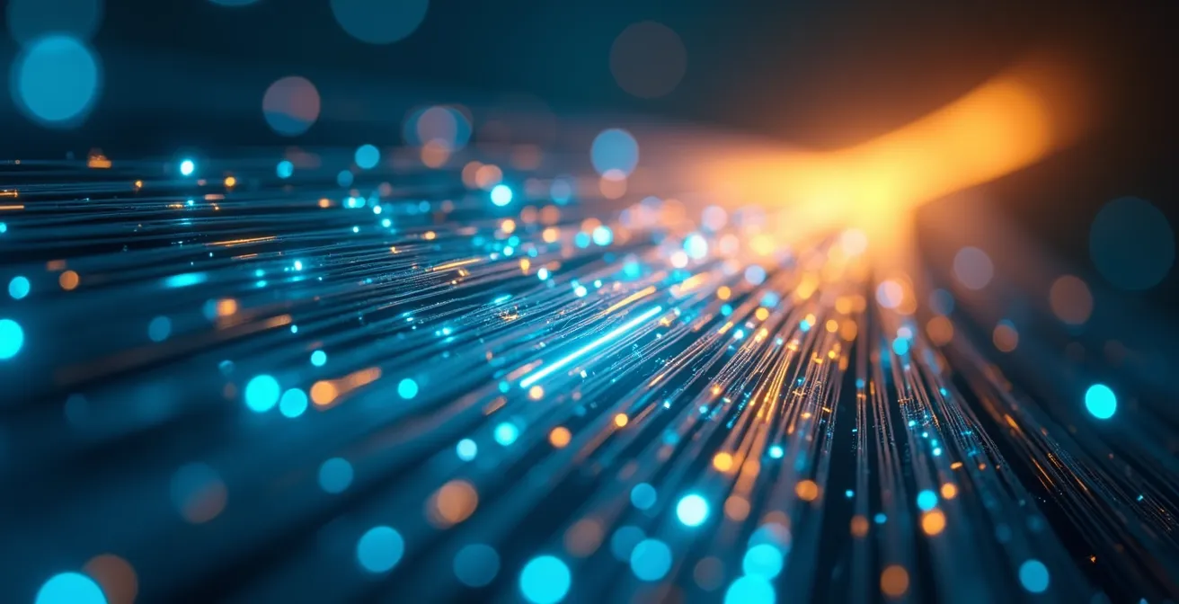 Vue macro de circuits électroniques et fibres optiques symbolisant la digitalisation de la justice