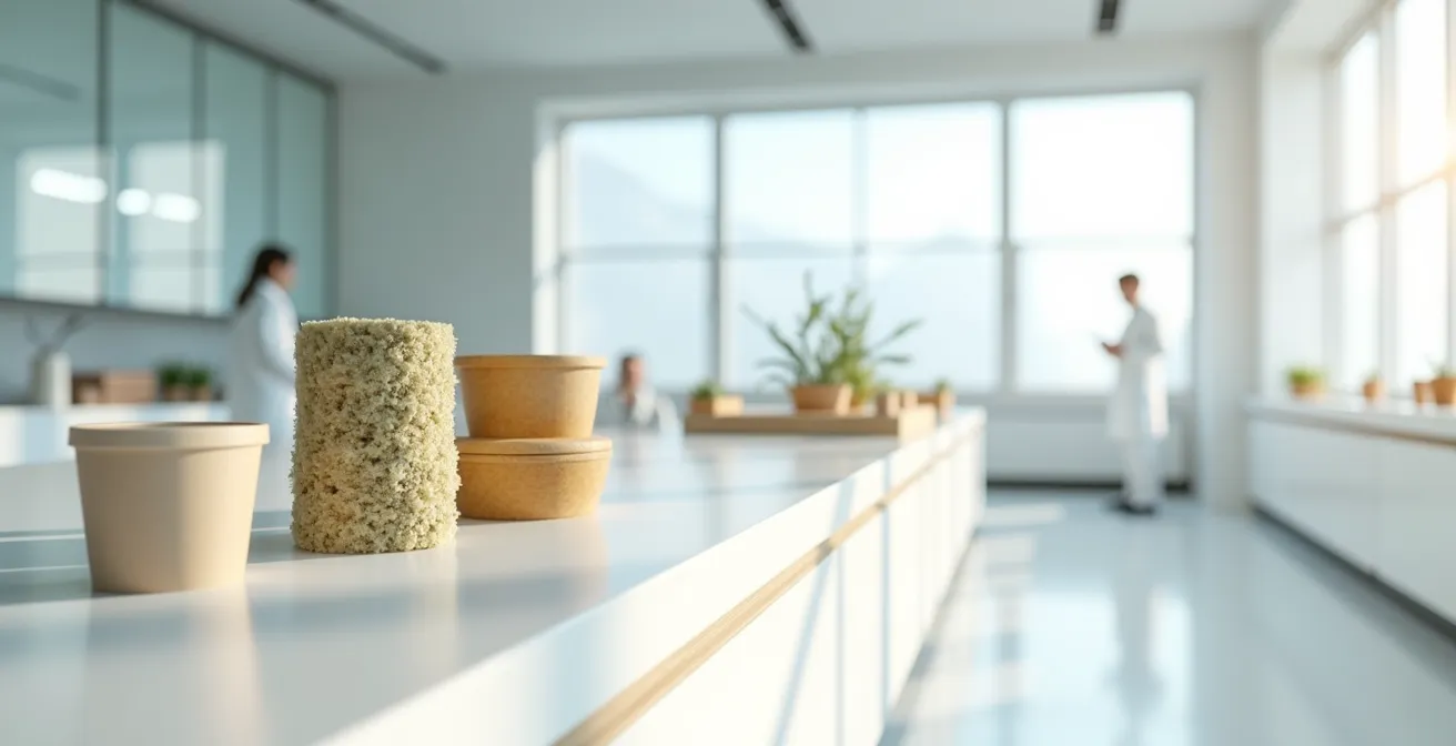 Environnement minimaliste d'un laboratoire d'innovation avec alternatives d'emballages écologiques