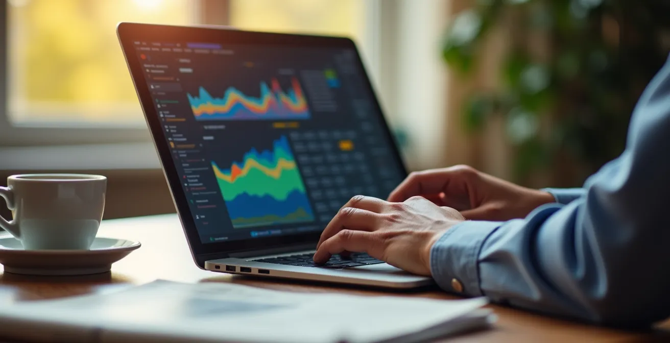 Personne utilisant un ordinateur portable pour analyser des données dans un tableur avec des graphiques visibles