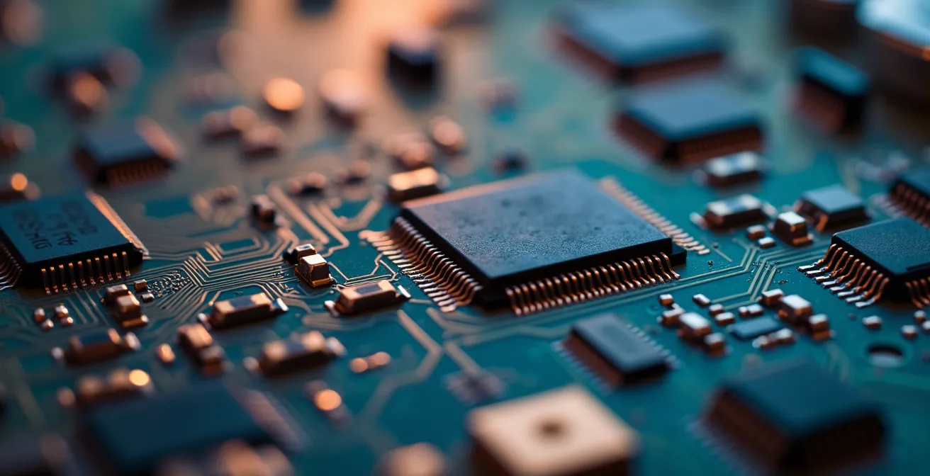 Vue macro de composants électroniques de haute technologie en cours d'assemblage