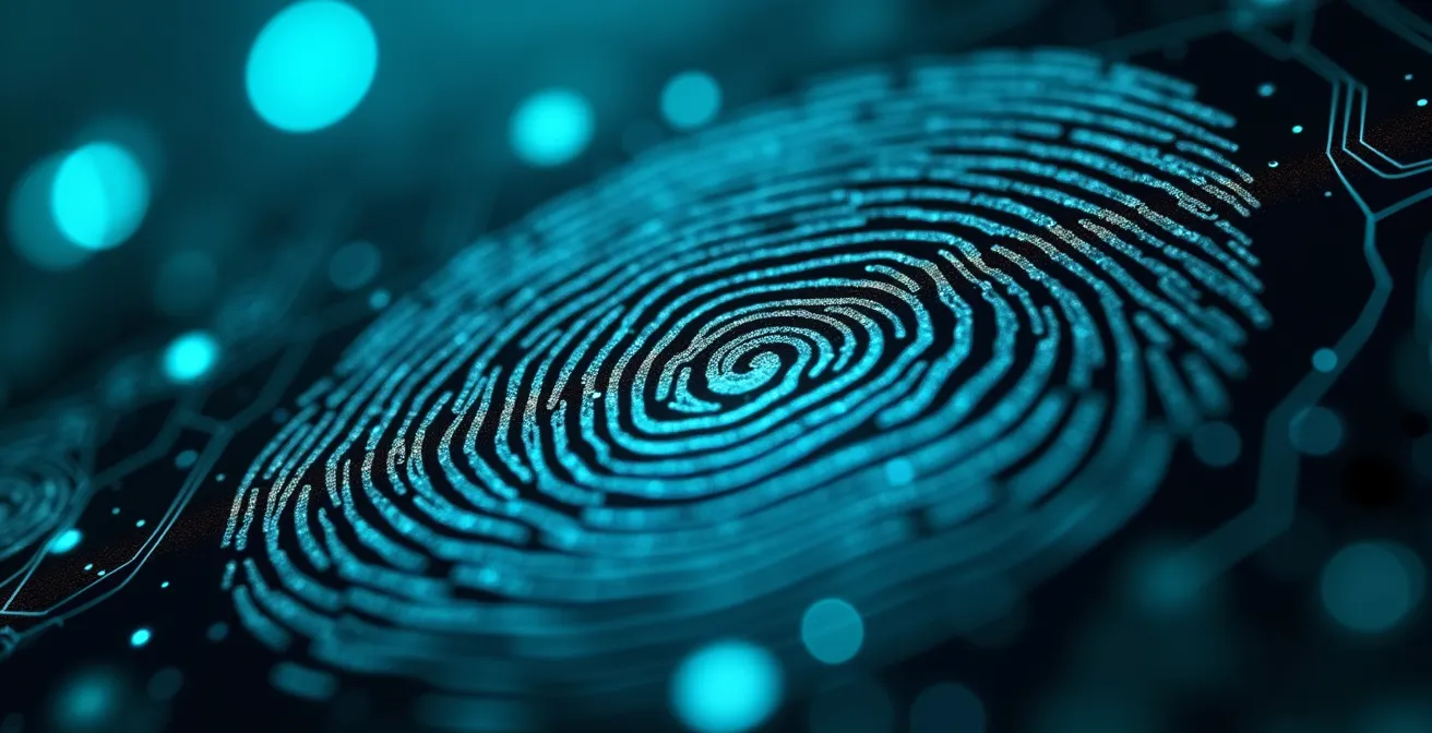 Gros plan macro sur empreinte digitale avec motifs lumineux de circuits électroniques en arrière-plan flou